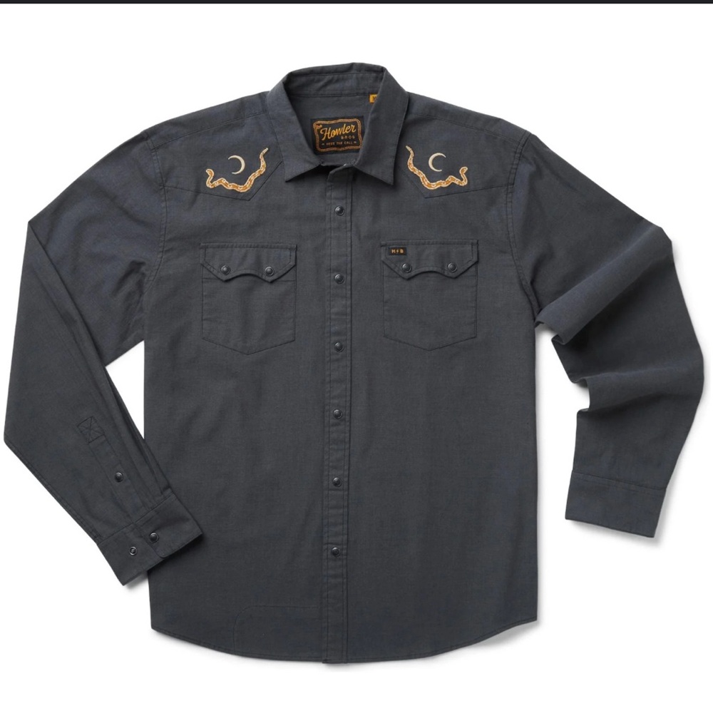 Howler Brothers Men's Charcoal Waxing Culebra (Snake) Embroidered Shirt S